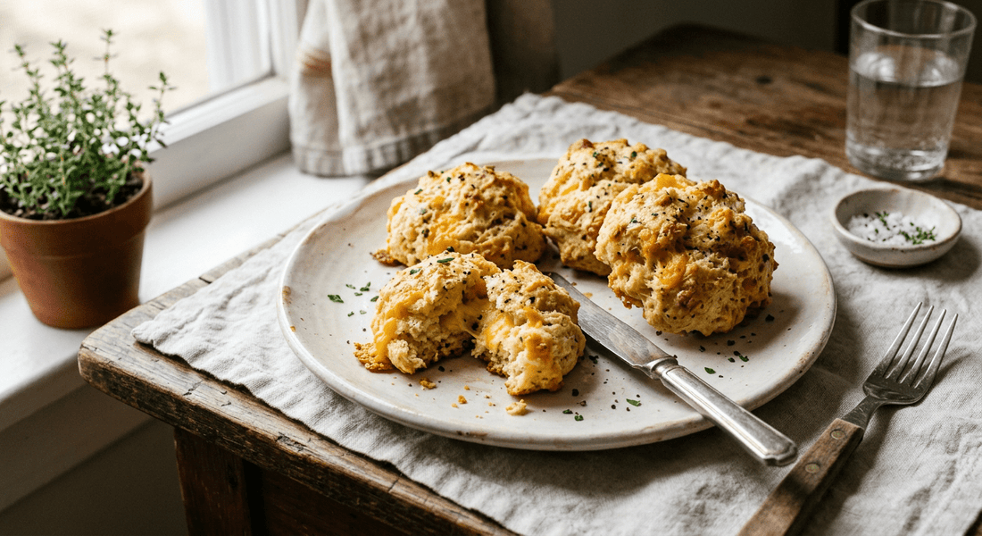 Cheddar & Roasted Garlic Pepper Drop Biscuits - Flour & Herbs