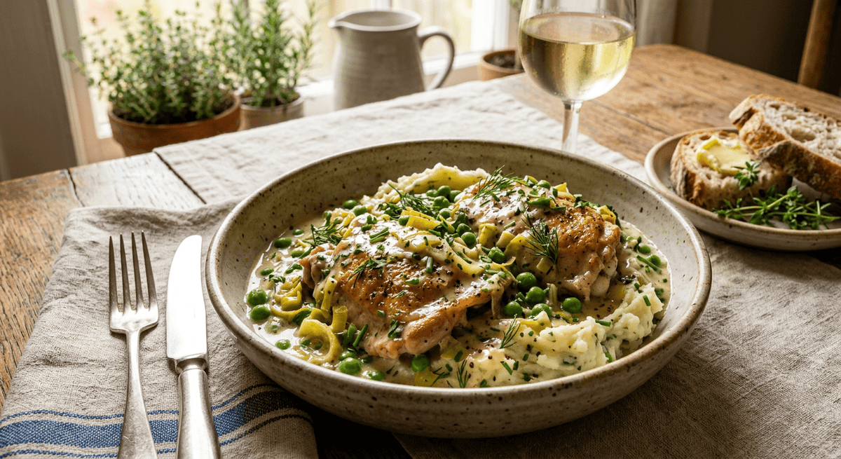 Creamy Country-Herb Chicken with Leeks and Peas - Flour & Herbs