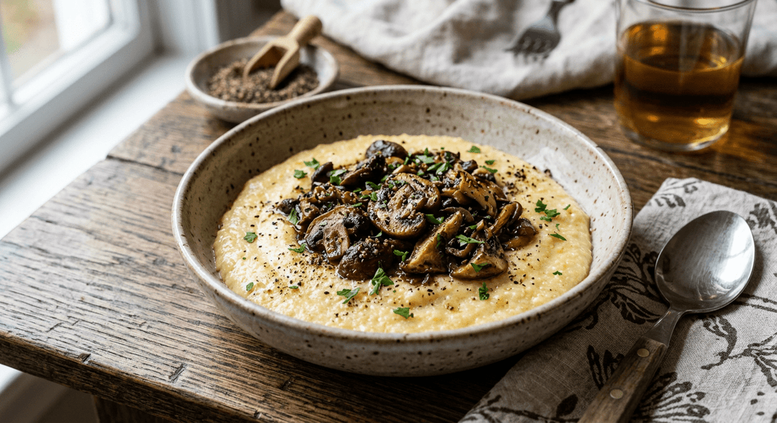 Creamy Polenta with Mushrooms and Smoky Porcini Salt - Flour & Herbs