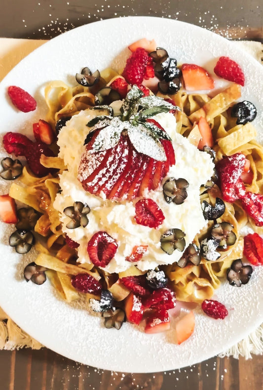 Crepocini with Fresh Fruit, Raspberry Sauce & Whipped Cream - Flour & Herbs