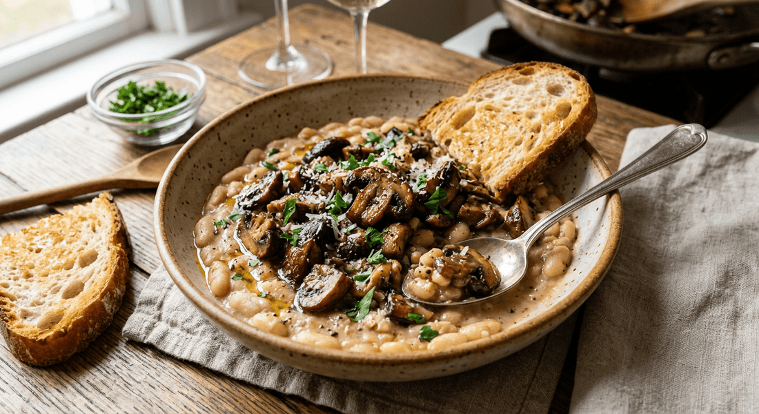 Garlic-Umami Mushrooms with Creamy White Beans - Flour & Herbs
