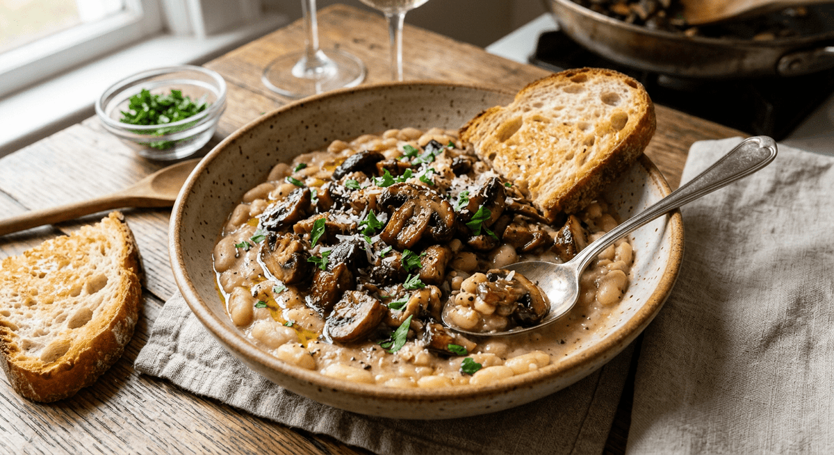 Garlic-Umami Mushrooms with Creamy White Beans - Flour & Herbs