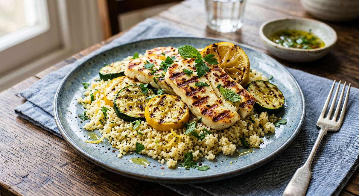 Grilled Halloumi and Zucchini with Lemon Couscous - Flour & Herbs