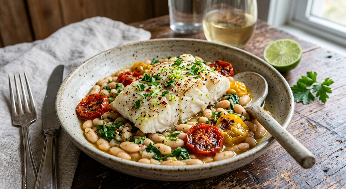 Lime-Pepper Cod with Roasted Tomatoes and White Beans - Flour & Herbs