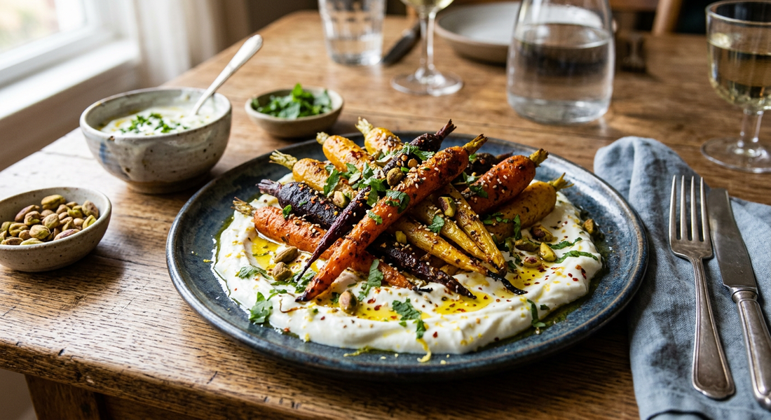 Ras El Hanout Roasted Carrots with Lemon Yogurt - Flour & Herbs