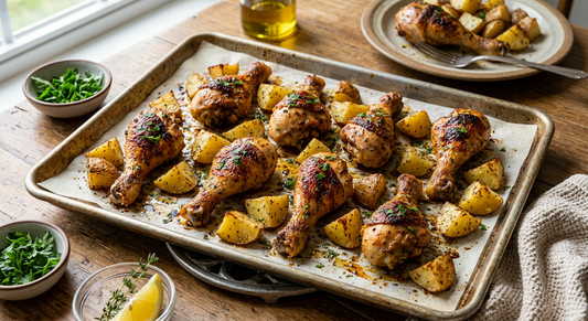 Rotisserie-Style Chicken Drumsticks with Pan Potatoes - Flour & Herbs