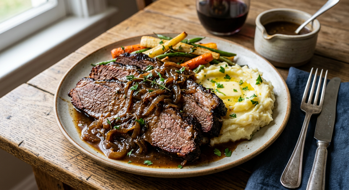 Slow-Braised Brisket with Onions and Pan Gravy - Flour & Herbs
