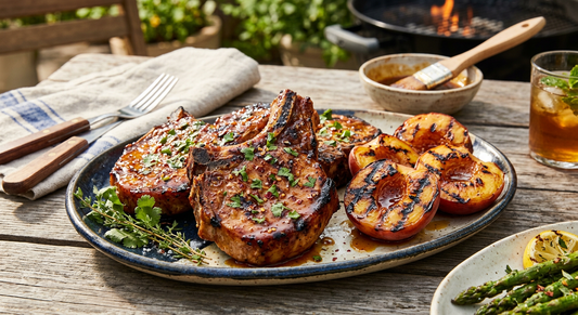 Smoky Honey Habanero Pork Chops with Grilled Peaches - Flour & Herbs