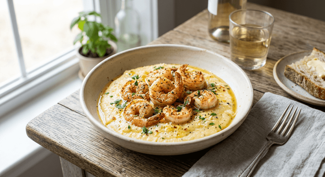 Smoky Shrimp & Creamy Parmesan Polenta - Flour & Herbs
