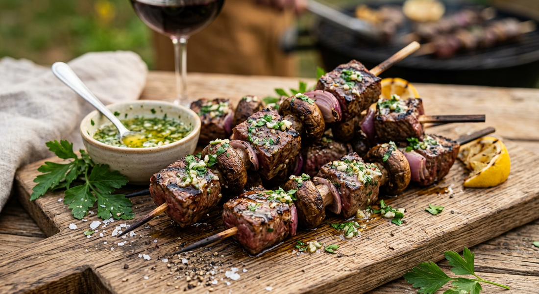 Steak and Mushroom Skewers with Garlic-Parsley Butter - Flour & Herbs