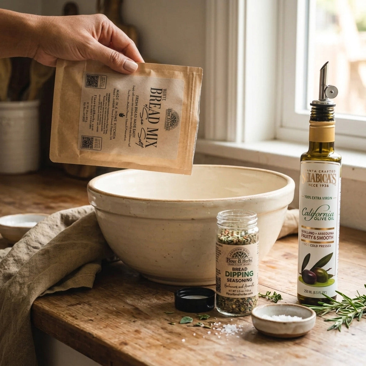 Bread mix pouch being opened near bowl, with seasoning jar and olive oil bottle on table.