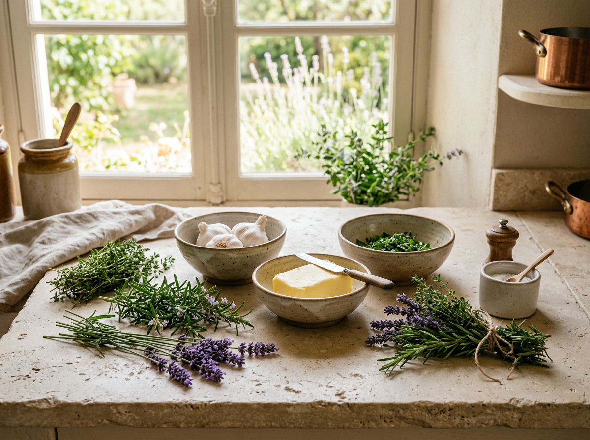 French herbs and seasonings with thyme, rosemary, lavender and garlic