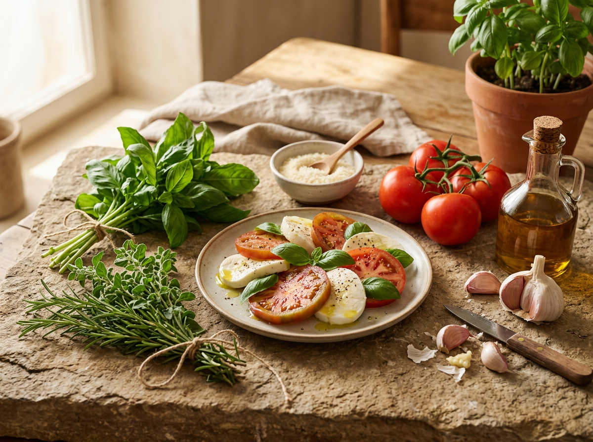 Italian herbs and seasonings with basil, garlic, tomatoes and olive oil