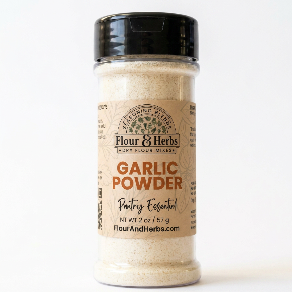 A 2 oz plastic shaker bottle of Flour & Herbs Garlic Powder on a clean white background.