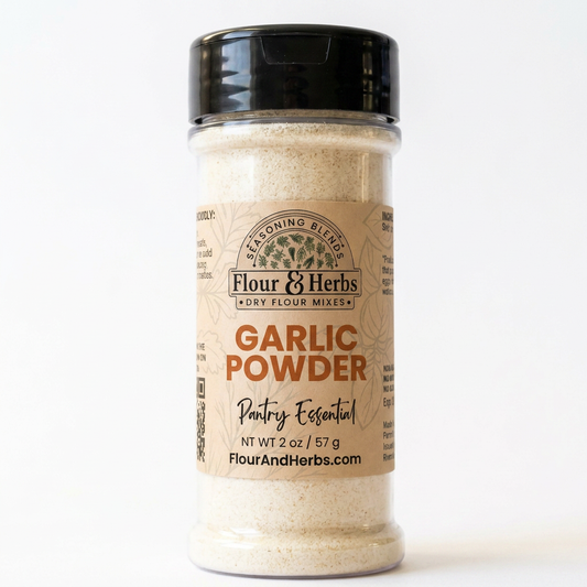 A 2 oz plastic shaker bottle of Flour & Herbs Garlic Powder on a clean white background.