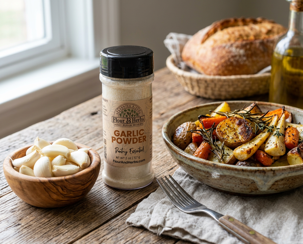 Flour & Herbs garlic powder in a spice jar beside garlic cloves and roasted vegetables.