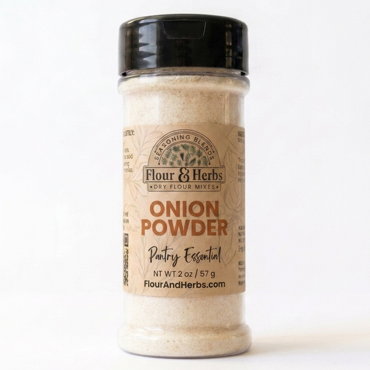 A 2 oz clear plastic shaker bottle of Flour & Herbs Onion Powder with a black cap and a beige label, set against a plain white background.