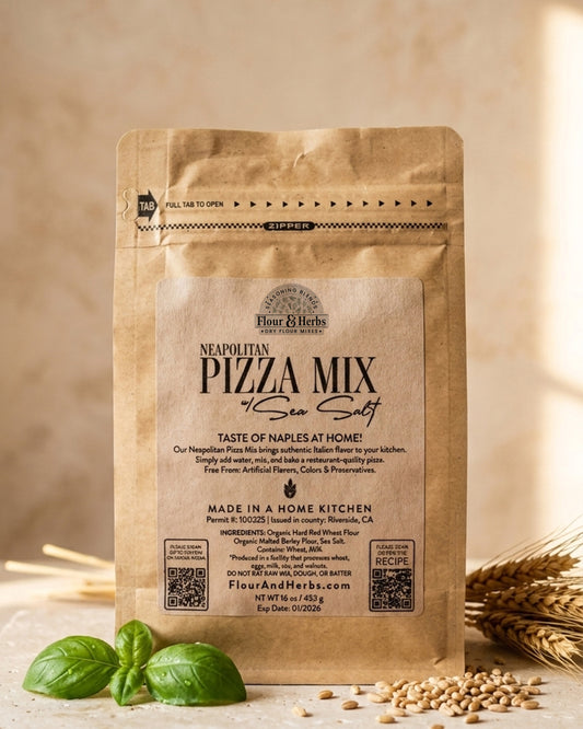 Kraft paper Neapolitan pizza mix pouch with recipe label, Flour & Herbs logo